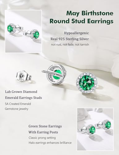 Dainty Birthstone Earrings for Women Sterling Silver Small Stud Earrings with Halo Cushion/Round Created Gemstone Earrings Birthstone Jewelry - style: B 05. May/created emerald-round cut