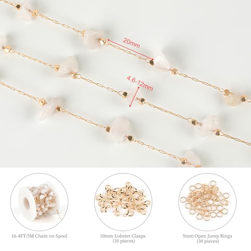 KYUNHOO Gold Plated Chain for Jewelry Making with Jump Rings Lobster Clasps | 16.4 Feet KC Gold Plated Brass Jewelry Chains White Handmade Raw Stone Chain Links on Roll for DIY Jewelry Crafts - color: Natural Stone-White