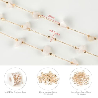 KYUNHOO Gold Plated Chain for Jewelry Making with Jump Rings Lobster Clasps | 16.4 Feet KC Gold Plated Brass Jewelry Chains White Handmade Raw Stone Chain Links on Roll for DIY Jewelry Crafts - color: Natural Stone-White