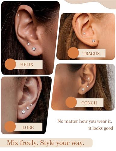 3 Pairs Moissanite Flatback Stud Earrings for Women, 925 Sterling Silver Hypoallergenic Flat Back Cartilage Earrings Set, 18K White Gold Plated - color: 18K White Gold, size: 2,3,4mm