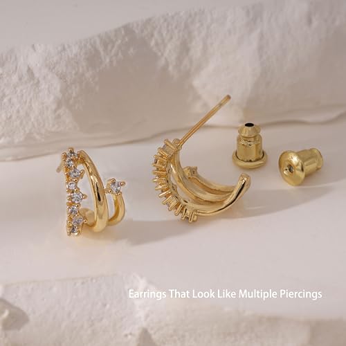 Gold Earrings for Women, Dainty Triple Huggie Earrings 14K Gold Plated Small Hoop Earrings for Women Trendy Cute Hypoallergenic Stud Earrings Unique Double Hoops Waterproof Womens Jewelry Gifts - color: gold plated-D