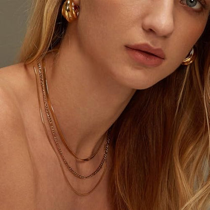 Gold Plated Triple Strand Multi-Layer Snake Figaro Chain Necklace | Non Tarnish Stainless Steel Necklace for Women, Three Layer Chain Necklaces,Versatile Minimalist Style