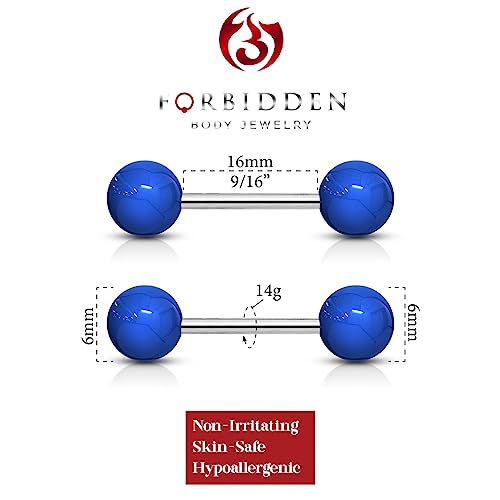 Forbidden Body Jewelry 14 g 16 mm Stainless Steel Nipple or Tongue Ring Barbell Set with Acrylic Balls (Choose Color) - style: Blue