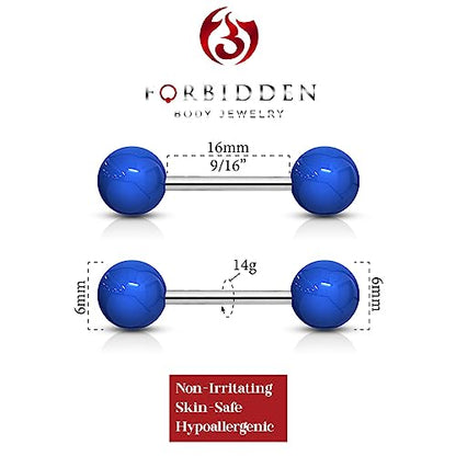Forbidden Body Jewelry 14 g 16 mm Stainless Steel Nipple or Tongue Ring Barbell Set with Acrylic Balls (Choose Color) - style: Blue