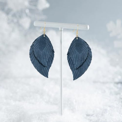 Genuine Leather Handmade Fringe Feather Lightweight Dangle Drop Earrings Teardrop Tassel Hook Earrings for Women - style: 5 Blue