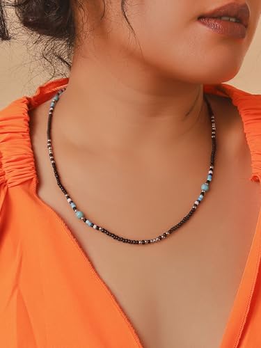 MINACHI Boho Black Turquoise-Tone Seed Bead Southwest Style Necklace | Black seed bead necklace with turquoise-tone resin accents, heishi disk pattern, silver-tone bead details, boho style
