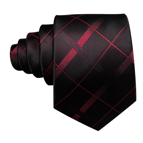 YOHOWA Men Plaid/Striped Ties Clip Set Silk Necktie Pocket Square Cufflinks | Woven Classic,Formal/Casual Mens Tie,Pocket Square Cufflinks Set,Luxury,Business,Wedding,Party,Prom,Graduation - color: Black Red