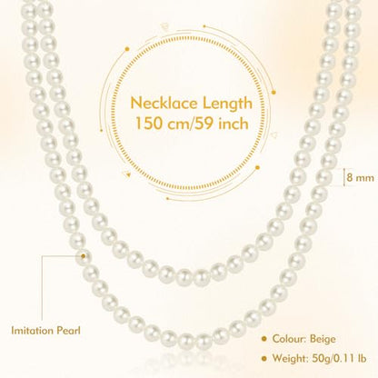 CdbC 59" Long Pearl Necklace, Faux Long Pearl Necklaces for Women, Vintage Elegant Long Pearls, Pearl Necklace Long for Wedding Party 1920s Gatsby Costume Jewelry
