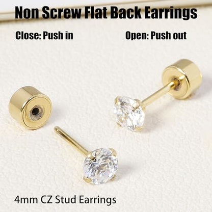 Threadless Flat Back Earrings, Hypoallergenic 14K Real Gold Plated CZ Stud Earrings | Cartilage Earring | Tragus Helix Piercing Jewelry | Push in Flatback Earrings for Women Men - color: 14K Gold, size: 4 Millimeters