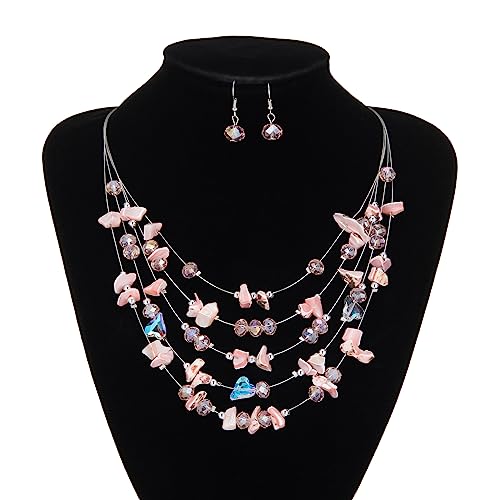 Multi-Layer Boho Shell Beaded Necklace for Women Colorful Crystal Strand with Silver Beads Statement Collars Necklace and Earrings Costumes Jewelry Sets for Women - color: 45-Pink