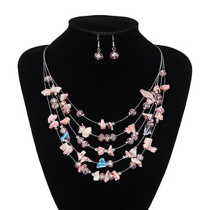 Multi-Layer Boho Shell Beaded Necklace for Women Colorful Crystal Strand with Silver Beads Statement Collars Necklace and Earrings Costumes Jewelry Sets for Women - color: 45-Pink