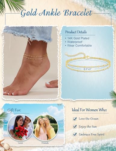 Gold Anklet Set for Women, Layered Beach Anklets | Layered gold-tone ankle bracelets, designed for beach days, vacations, and summer wear - style: Gold Anklet 1