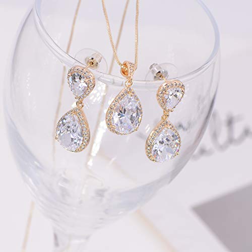 Elegant Jewelry Set for Women Silver Teardrop CZ Drop Earrings and Necklace | Square Teardrop Cubic Zirconia Rhinestone Jewelry Sets Bridal Jewelry Sets for Wedding Bride Bridesmaids Mother of Bride - style: Guardian Angel (14k Yellow Gold Plated)
