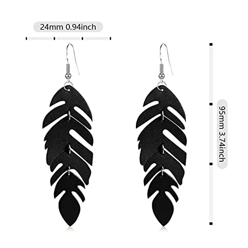 Handmade Unique Lightweight Bohemian Genuine Leather Leaf Dangle Drop Earrings Dainty Sparkly Chain Feather Hook Earring for Women Statement - color: Black