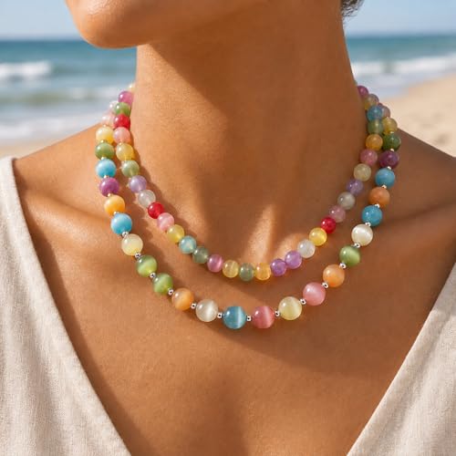 Dopamine Necklace UV Reactive Colorful Rainbow Beaded Necklace Dopamine Jewelry Set Color Changing Mood Necklaces Bracelet Earrings Summer Beach Vacation Gift for Women - color: B4：two necklace changing