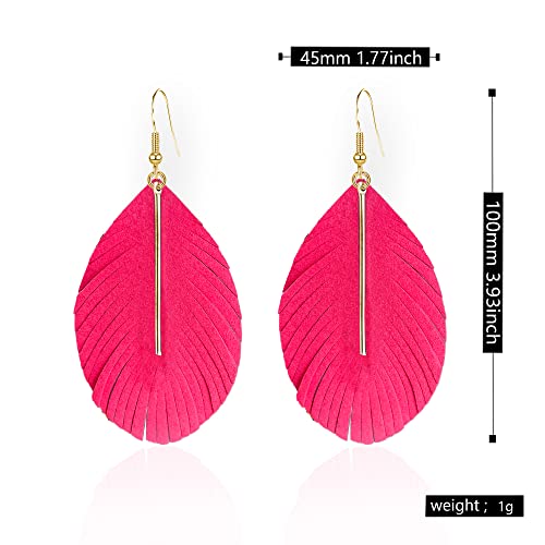 GBAHFY Feather Leather Layered Fringe Earrings for Women Boho Genuine Lightweight Leather Leaf Tassel Dangle Statement Earrings with Metal Bar - color: Rose Red