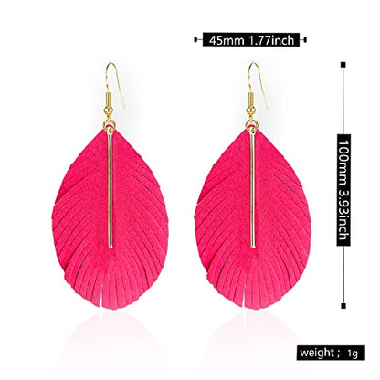 GBAHFY Feather Leather Layered Fringe Earrings for Women Boho Genuine Lightweight Leather Leaf Tassel Dangle Statement Earrings with Metal Bar - color: Rose Red