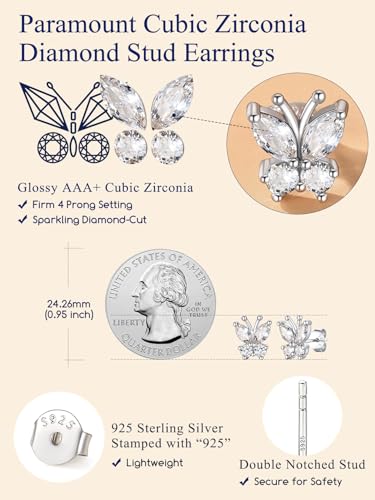 Suplight Butterfly Stud Earrings 925 Sterling Silver 14K Gold Brithstone Earrings for Women Brithstone Jewelry Gifts - color: 04.April ( Clear Quartz), size: Silver