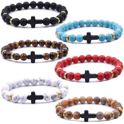 Beaded Bracelets Cross Bracelet for Women Men Lava Rock Turquoise Tiger Eye Natural Bracelet Anxiety Healing - color: 6 Pcs- black cross 1