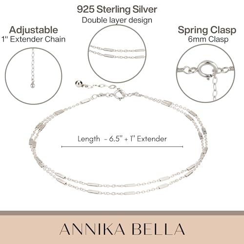 925 Sterling Silver Double Layered Bracelet, Length 6.5-7.5 Inches, Chain Bracelets for Women, Waterproof Minimalist Women's Jewelry (Satellite Bar Chains)