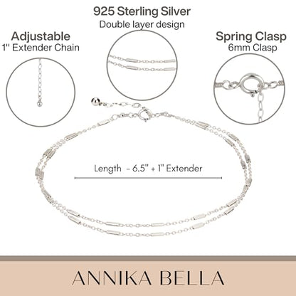 925 Sterling Silver Double Layered Bracelet, Length 6.5-7.5 Inches, Chain Bracelets for Women, Waterproof Minimalist Women's Jewelry (Satellite Bar Chains)