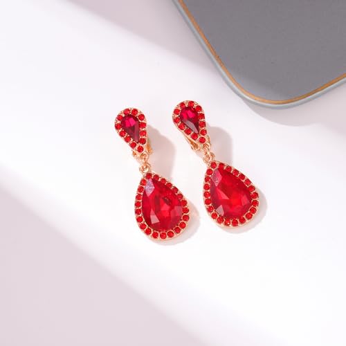 Classic Austrian Crystal Tear Drop Clip on Dangle Earrings for Women - color: Red