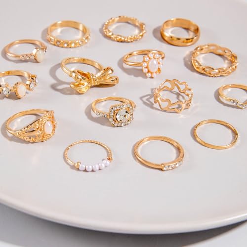 Airvess Gold Knuckle Rings for Women Trendy, Vintage Stackable Rings 14k Gold Plated Rings Sets Dainty Joint Finger Midi Ring Cute Rings Pack Festival Jewelry Gift - style: 15 Pcs