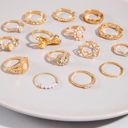 Airvess Gold Knuckle Rings for Women Trendy, Vintage Stackable Rings 14k Gold Plated Rings Sets Dainty Joint Finger Midi Ring Cute Rings Pack Festival Jewelry Gift - style: 15 Pcs