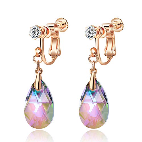 EVEVIC Austrian Crystal Teardrop Clip On Drop Earrings for Women | Adjustable Screw-Back Fit, 14K Rose Gold-Plated, Soft Silicone Pads Included, Comfortable For Pierced Or Non-Pierced Ears - color: Rainbow