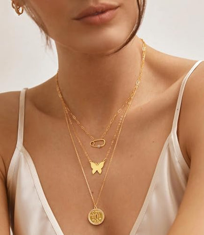 Aobei Pearl 18K Gold Plated Moon Star Lion Evil Eye Love Heart Cross Pendant Necklace Medallion Paperclip Chian Choker Layering Jewery for Women - color: Golden Safety Pin Screw Lock