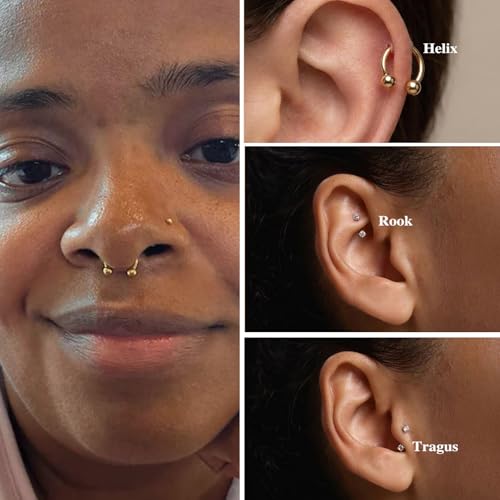 Titanium Horseshoe Nose Ring 20g, Gold Silver Nose Rings Hoops with Double CZ Gems Hypoallergenic Septum Ring for Women Men, Small Cartilage Helix Tragus Daith Labret Piercing Jewelry 7mm 8mm 9mm - color: Gold-Ball+CZ HNR