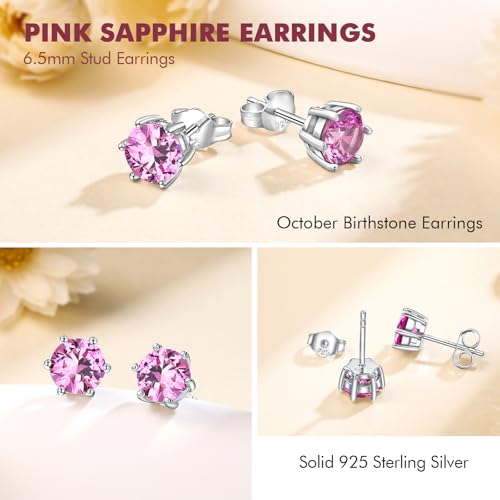 DAYBYDAY 925 Sterling Silver Birthstone Earrings for Women, Crystal Stud Earrings, 6.5mm Round Cut Solitaire Gemstone Earrings Birthday Jewelry - style: Round Cut-10. Oct/created pink sapphire