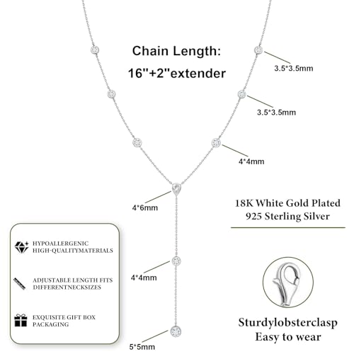 LANE WOODS Moissanite Lariat Necklace for Women, 925 Sterling Silver Y Necklace with Teardrop Pendant, Dainty Gold Plated Drop Necklace 16+2 Inch Adjustable Chain, Bridal Wedding Prom Jewelry - color: white gold