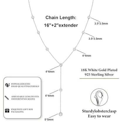 LANE WOODS Moissanite Lariat Necklace for Women, 925 Sterling Silver Y Necklace with Teardrop Pendant, Dainty Gold Plated Drop Necklace 16+2 Inch Adjustable Chain, Bridal Wedding Prom Jewelry - color: white gold