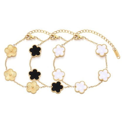 TICVSS Four Leaf Clover Bracelet for Women 18K Gold Plated Stainless Steel Lucky 4 Leaf Gold Link Bracelet Jewelry Gift for Women - color: White+Black+Gold