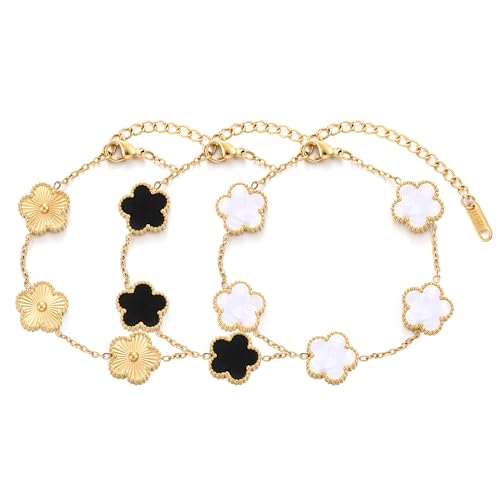 TICVSS Four Leaf Clover Bracelet for Women 18K Gold Plated Stainless Steel Lucky 4 Leaf Gold Link Bracelet Jewelry Gift for Women - color: White+Black+Gold