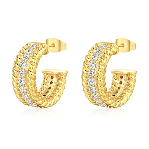 Small Gold Twisted Hoop Earrings for Women, 18K Gold Plated Hypoallergenic Chunky Cubic Zirconia Huggie Hoop Earrings Jewelry Gifts for Women