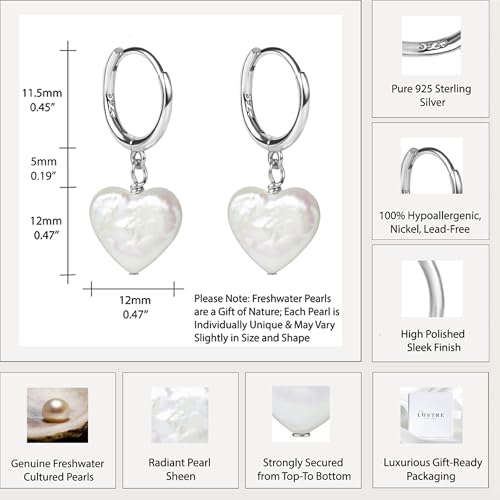 LILY LUSTRE 14k Gold Plated/Filled 925 Sterling Silver Handpicked AAAA Quality Natural White Freshwater Cultured Heart Shaped Pearl Huggie Hoop/Leverback Drop Dangle Earrings for Women - color: Silver Hoop