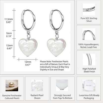 LILY LUSTRE 14k Gold Plated/Filled 925 Sterling Silver Handpicked AAAA Quality Natural White Freshwater Cultured Heart Shaped Pearl Huggie Hoop/Leverback Drop Dangle Earrings for Women - color: Silver Hoop