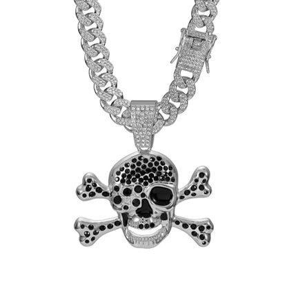 Slip Chain Choker for Women Handmade Black Stainless Steel Cuban Chain Chunky Moon Bat Raven Skull Pendant Gothic Punk Rock Collar Adjustable Lariat Y Necklace for Men - style: Silver skull