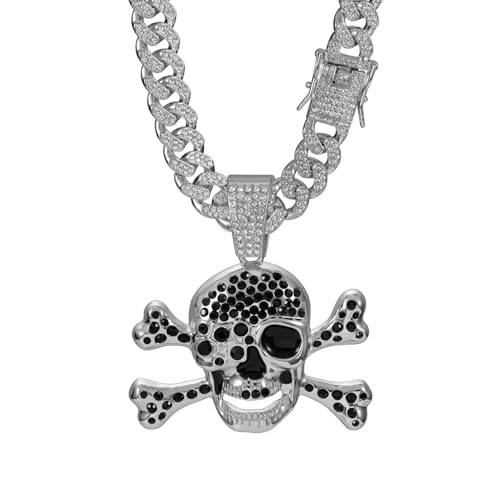 Slip Chain Choker for Women Handmade Black Stainless Steel Cuban Chain Chunky Moon Bat Raven Skull Pendant Gothic Punk Rock Collar Adjustable Lariat Y Necklace for Men - style: Silver skull
