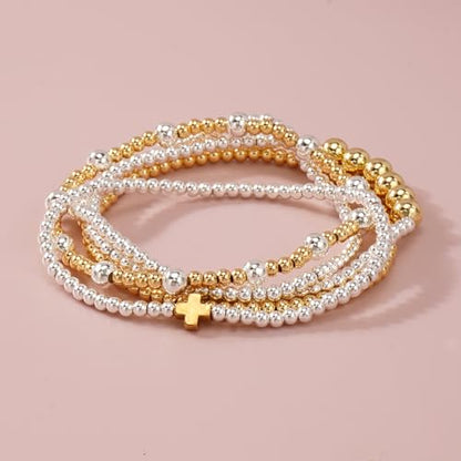 Silver Gold Beaded Bracelets for Women Stackable 14K Gold Plated Beads Ball Cross Bracelet Stack Non Tarnish Elastic Stretch Trendy Jewelry Christian Friendship Christmas Gifts for Women - color: 5pcs-Gold Cross