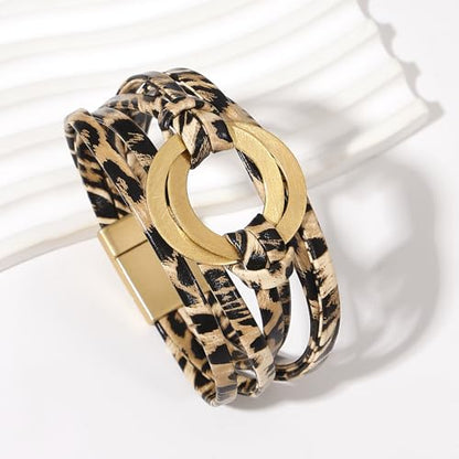 hotoo Circle Charm Bracelets for Women Handmade Leather Wrap Bracelets for Couples Friendship Bracelet Bohemian Cuff Bangle Boho Jewelry Gift - color: Dark leopard