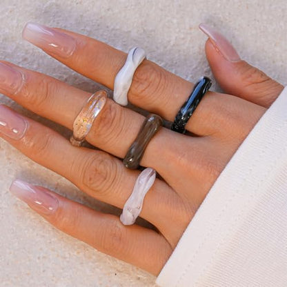 5Pcs Stacking Retro Brown and White Square Resin Knuckle Ring, Simple Chunky Black Acrylic Rings for Women Bohemia Dainty Party Prom Charm Jewelry Gift - color: White