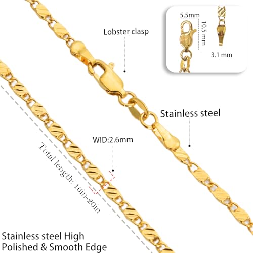 Womens Stainless Steel 18K Gold Plated Chain Necklace Jewelry Silver link Chain for Women Waterproof Never Tarnish 2/3/4mm 16 18 20 Inches - size: 16 inch, style: Mirror Chain