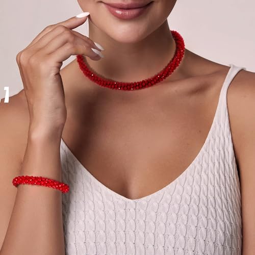 Hand Knotted Beads Statement Necklace Bracelet Jewelry Set Artificial Crystal Choker for Women- Handmade Beaded Strand Sparkly Faceted Crystal Rondelle-17inches, 30 Colors - color: Beige
