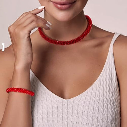 Hand Knotted Beads Statement Necklace Bracelet Jewelry Set Artificial Crystal Choker for Women- Handmade Beaded Strand Sparkly Faceted Crystal Rondelle-17inches, 30 Colors - color: Beige
