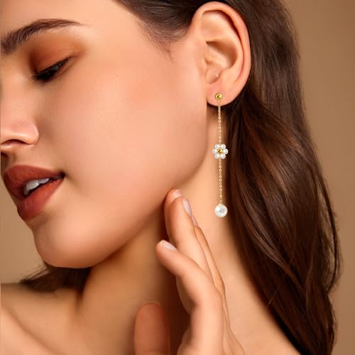 Pearl Earrings for Women 14k Gold/Silver Pearl Drop Earrings Long White Pearl Tassel Dangle Statement Earrings Bridal Wedding Dainty Prom Earrings Birthday Gifts Jewelry - color: Gold Daisy Pearl Drop Earrings