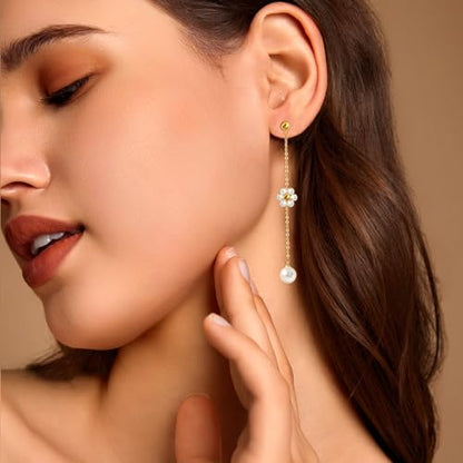 Pearl Earrings for Women 14k Gold/Silver Pearl Drop Earrings Long White Pearl Tassel Dangle Statement Earrings Bridal Wedding Dainty Prom Earrings Birthday Gifts Jewelry - color: Gold Daisy Pearl Drop Earrings