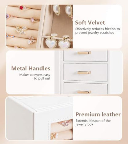 Homde Large Jewelry Box/Organizer/Case with Glass Window, Drawers for Necklaces Earrings Rings Bracelets Watches Gift for Women Girls - color: White